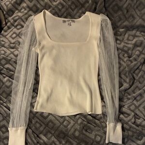 Elegant White Square Neck Top with Sheer Sleeves
